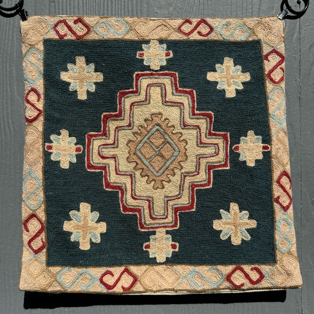 Hand Crafted Teal, Cream, Red and Light Blue Decorative Pillow Panel